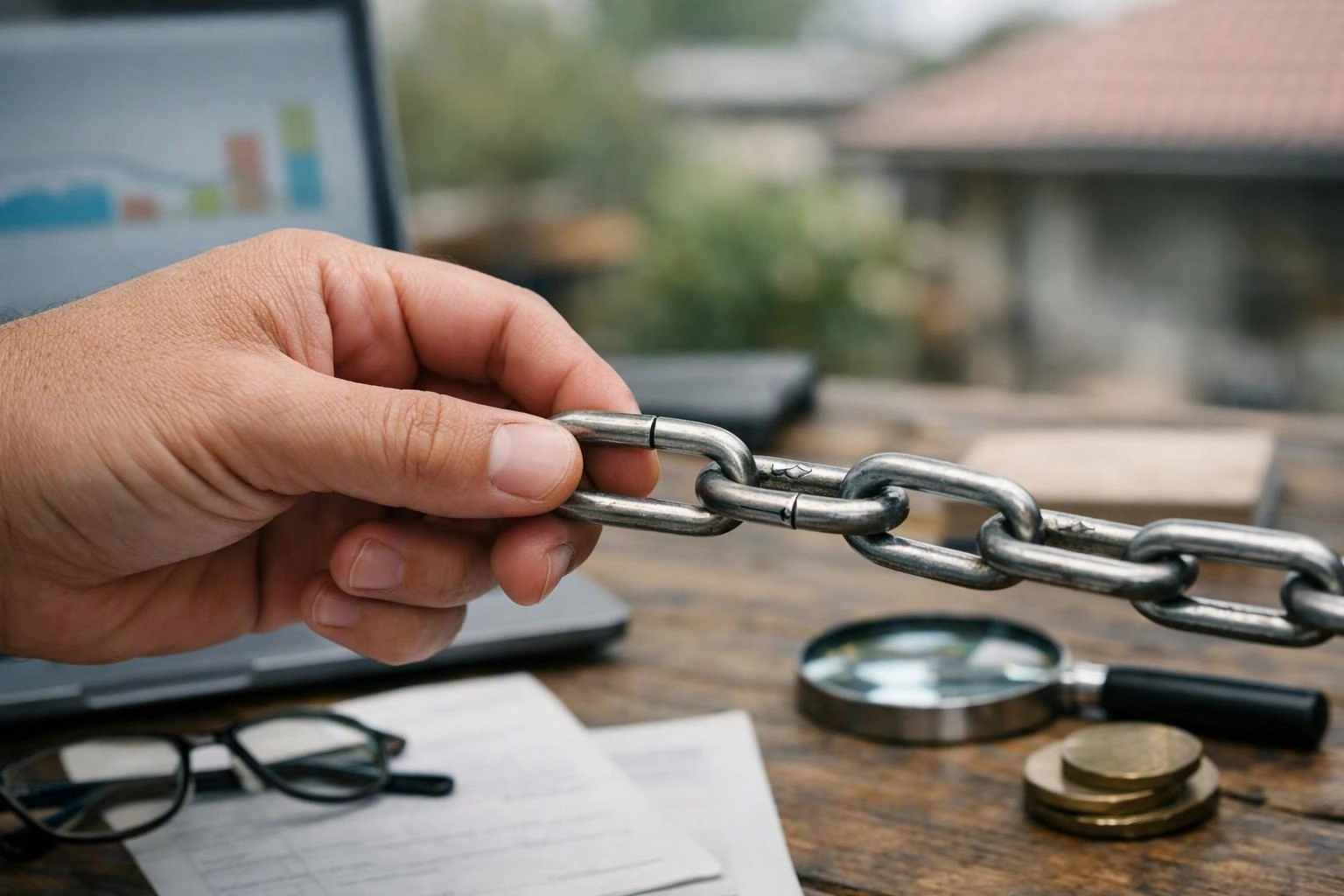 A hand holds a metal chain over a wooden desk with a laptop, papers, glasses, a magnifying glass, and coins nearby