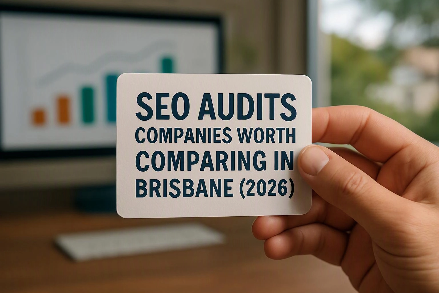 A hand holds a card reading "SEO AUDITS" with a blurred bar chart screen behind it