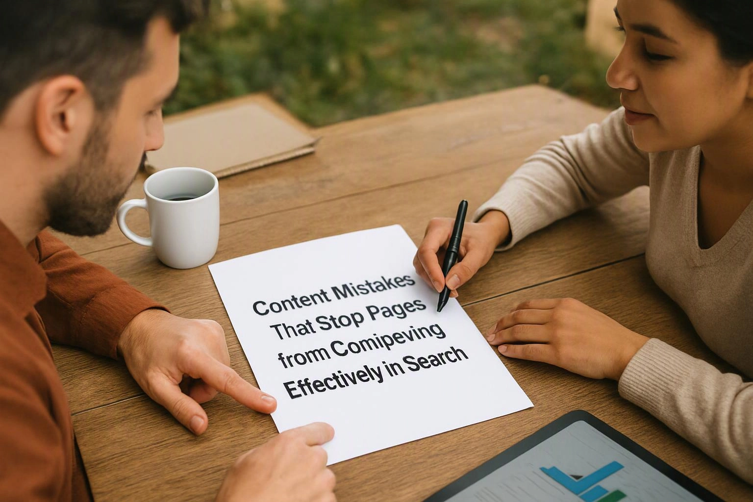 Two people lean over a table, one pointing at a paper with bold text while the other writes on it