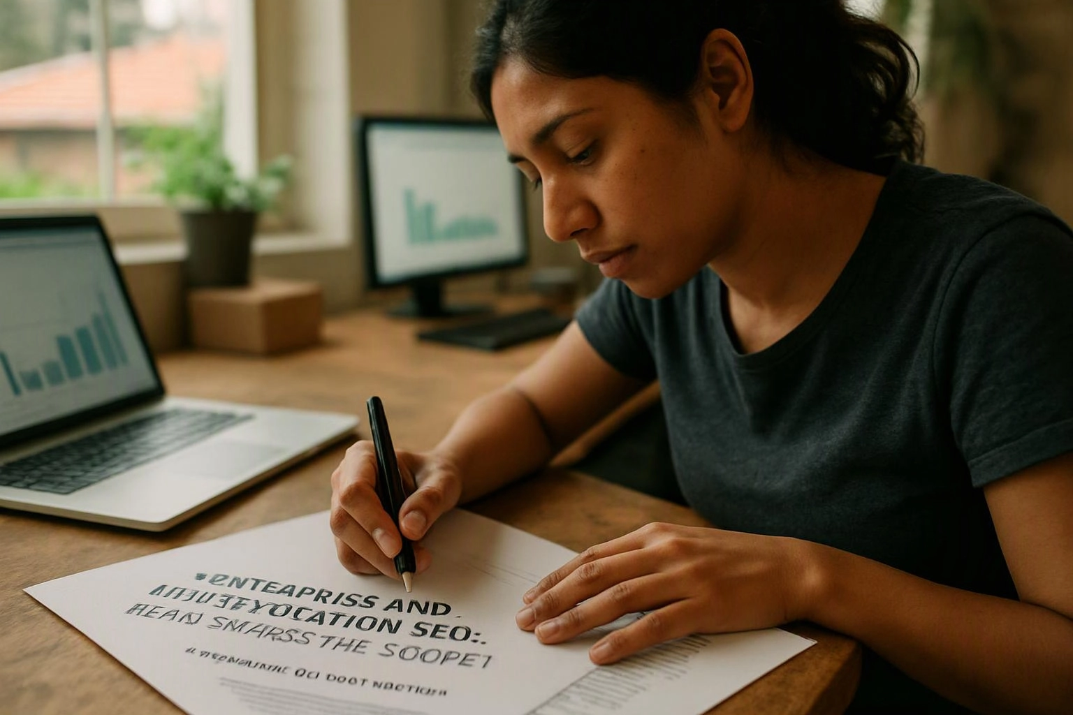 A woman writes on a printed sheet at a desk, with laptops and charts visible in a sunlit room