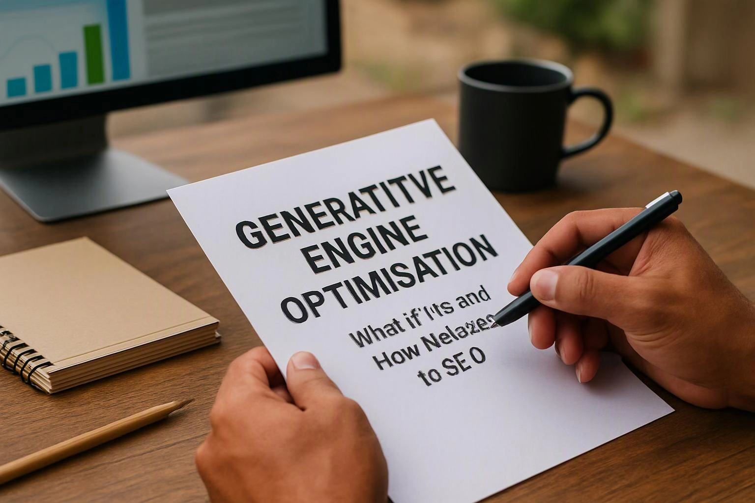 Hands write on a printed page about generative engine optimisation at a desk with a monitor and mug