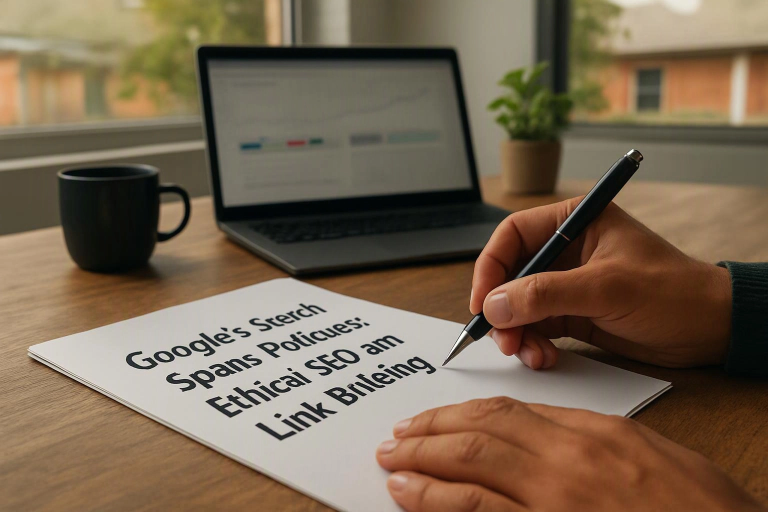 A hand writes on a paper beside a laptop, mug, and plant on a wooden desk, with bold text on the page