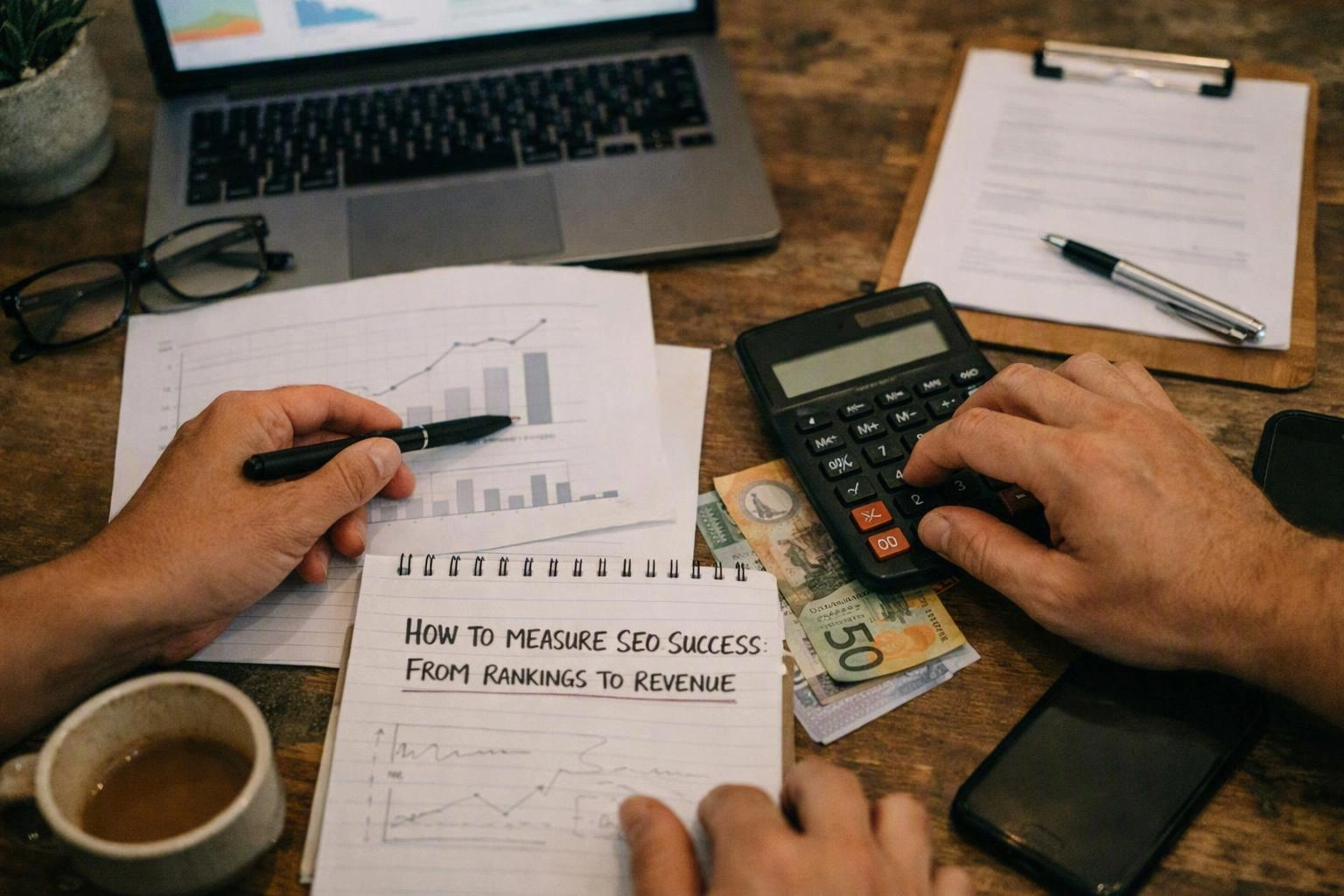 Dashboard showing search visibility, leads and revenue metrics
