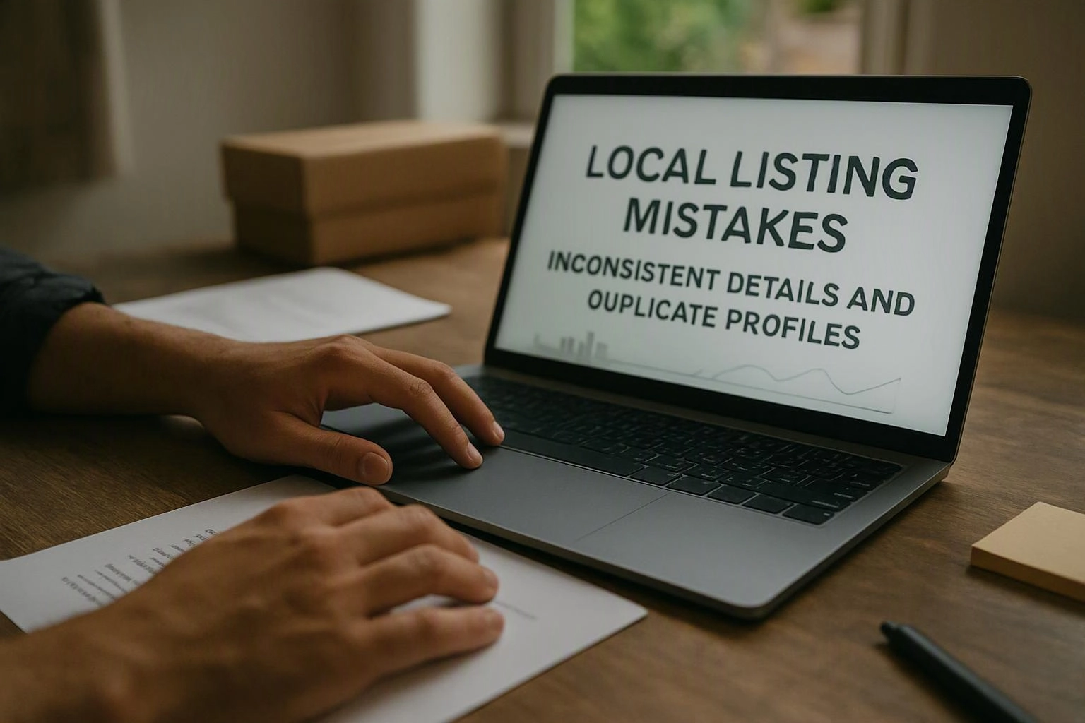 Hands rest on a laptop showing “LOCAL LISTING MISTAKES” on a desk with papers and boxes nearby