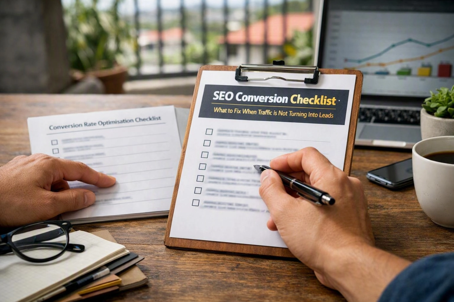 SEO conversion checklist graphic outlining fixes for website traffic that fails to generate leads