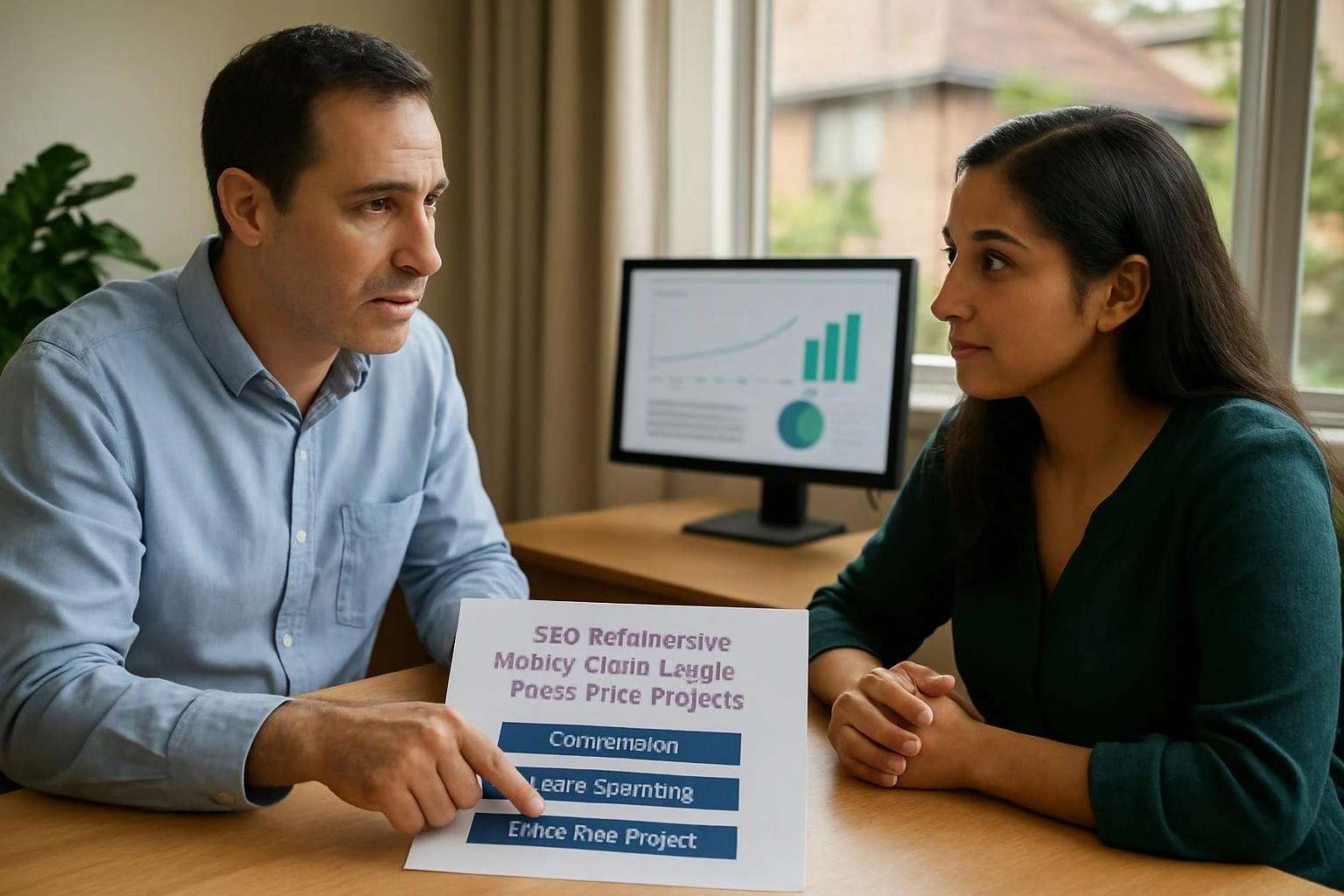 Two people sit at a desk discussing a printed chart sheet, with a monitor showing graphs behind them