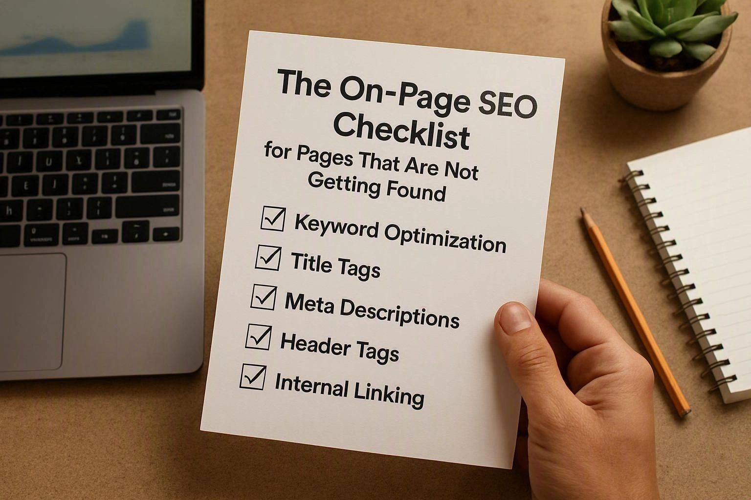 On-page SEO checklist showing page structure and search performance checks