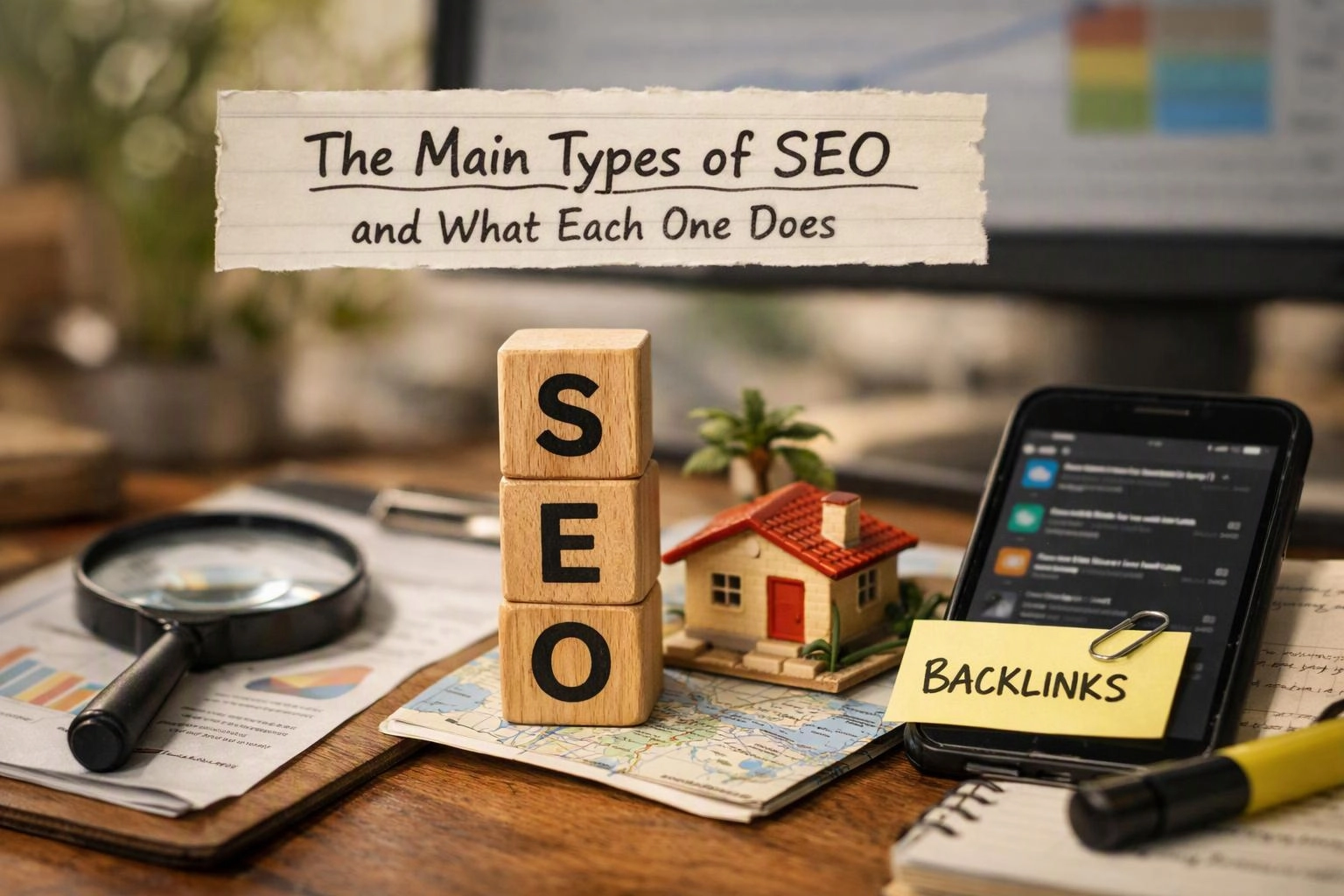 SEO blocks, a miniature house, a smartphone, and a magnifying glass sit on a desk with charts and notes