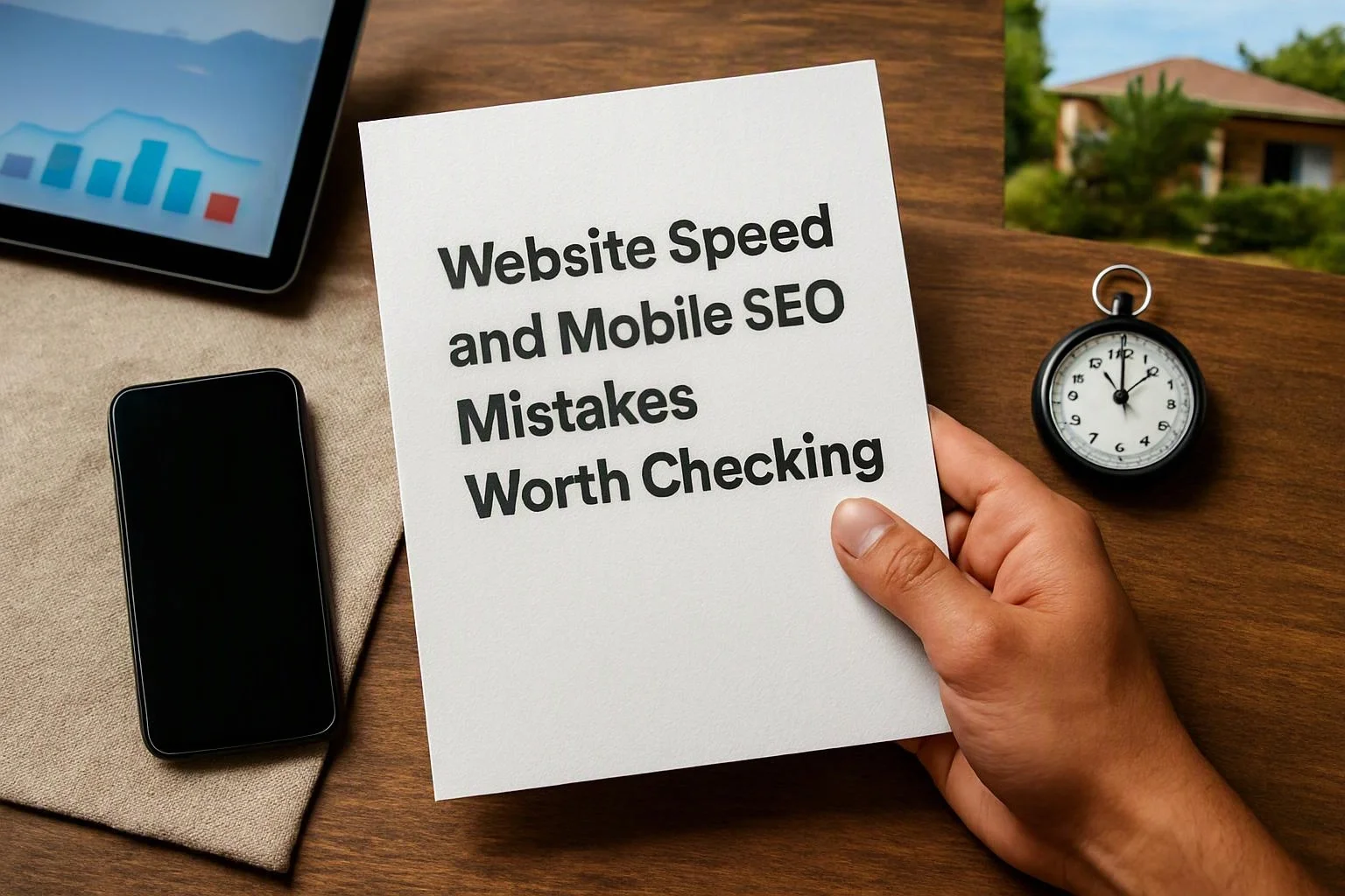 A hand holds a paper with bold text beside a phone, tablet, stopwatch, and house photo on a desk