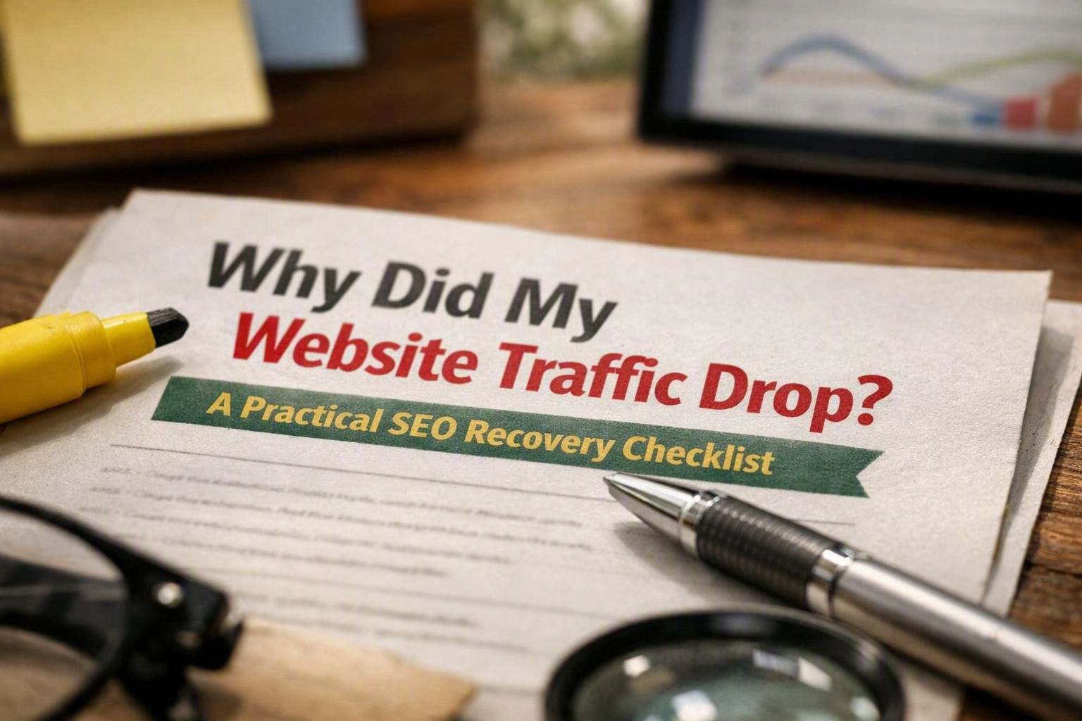 SEO recovery checklist showing search traffic data and technical checks