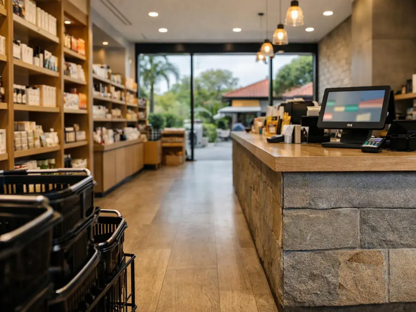 A bright shop interior shows shelves of products, a checkout counter, and baskets near the entrance