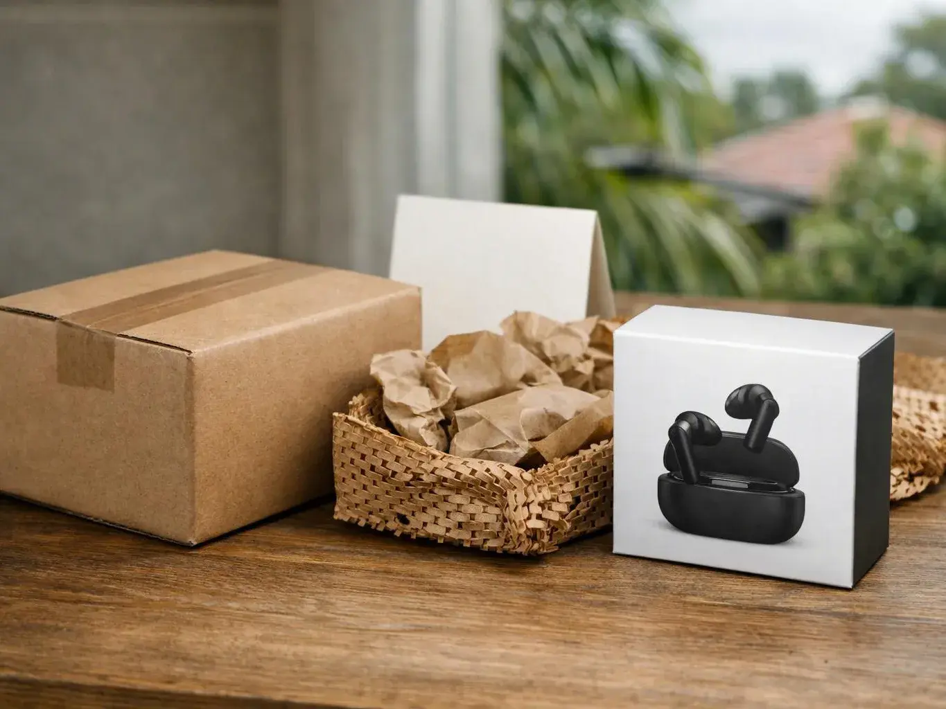 A cardboard shipping box, a crumpled paper basket, and a product box with black earbuds sit on a wooden table
