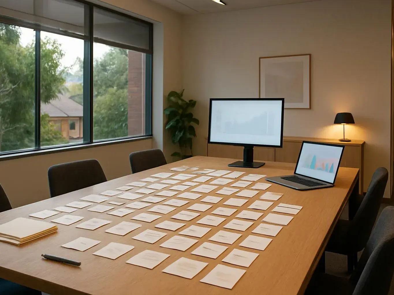 A conference table is covered with note cards, with chairs, a monitor, a laptop, and a lamp in a quiet room