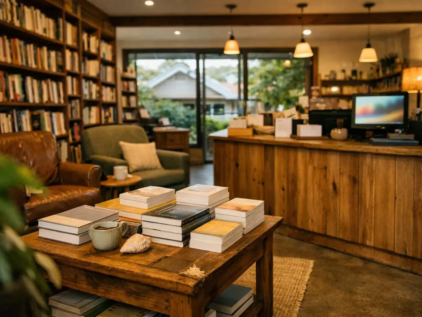 A cozy bookstore lounge shows stacks of books on a wooden table, with chairs, shelves, and a front counter behind it