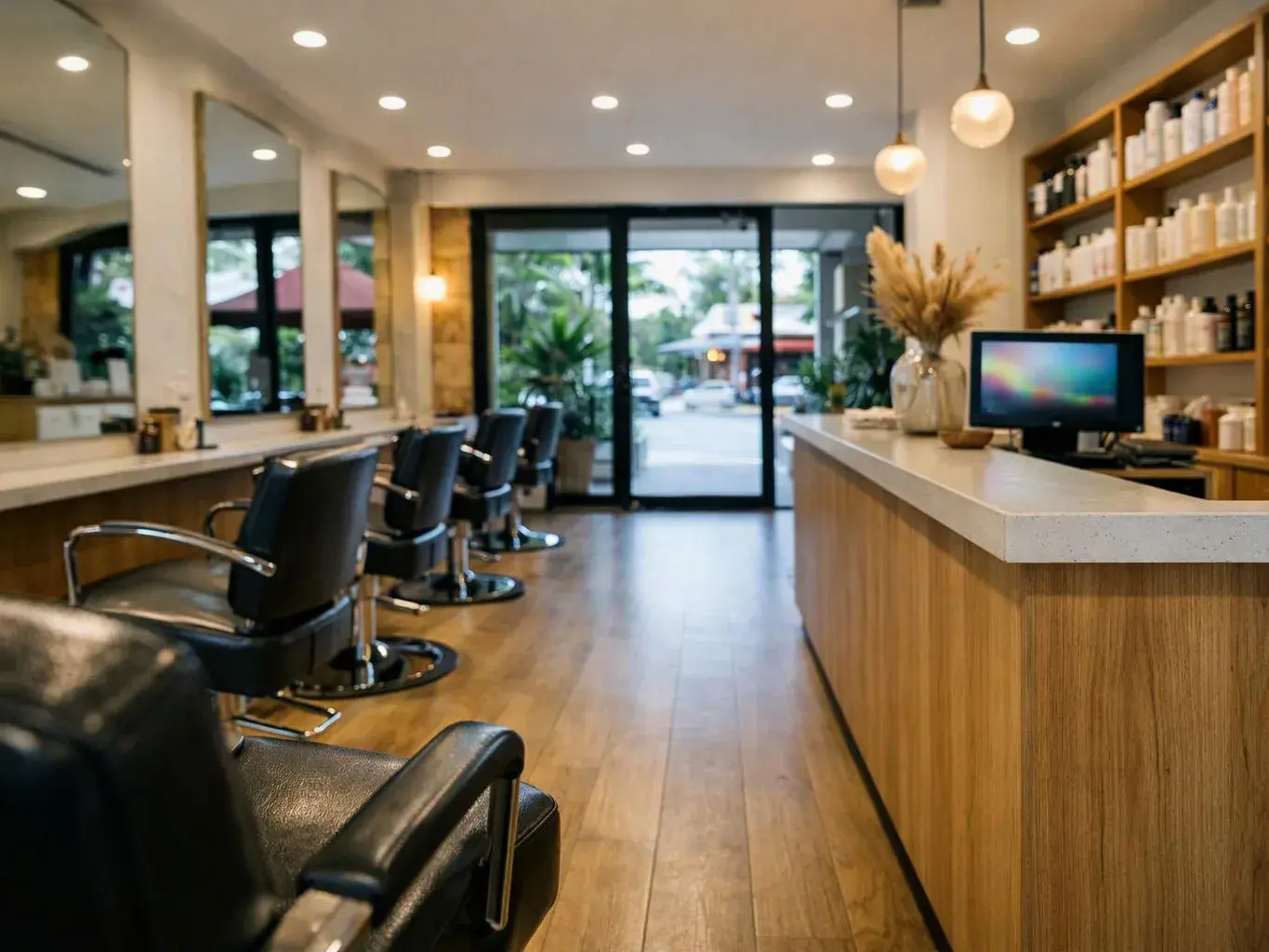 Empty salon interior with black styling chairs, mirrors, product shelves, and a reception counter near glass doors