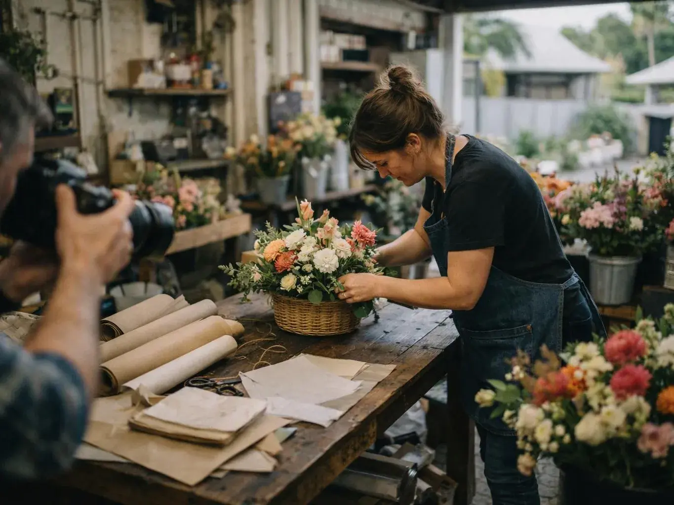 A florist arranges a flower basket on a worktable while a person photographs her in a flower shop