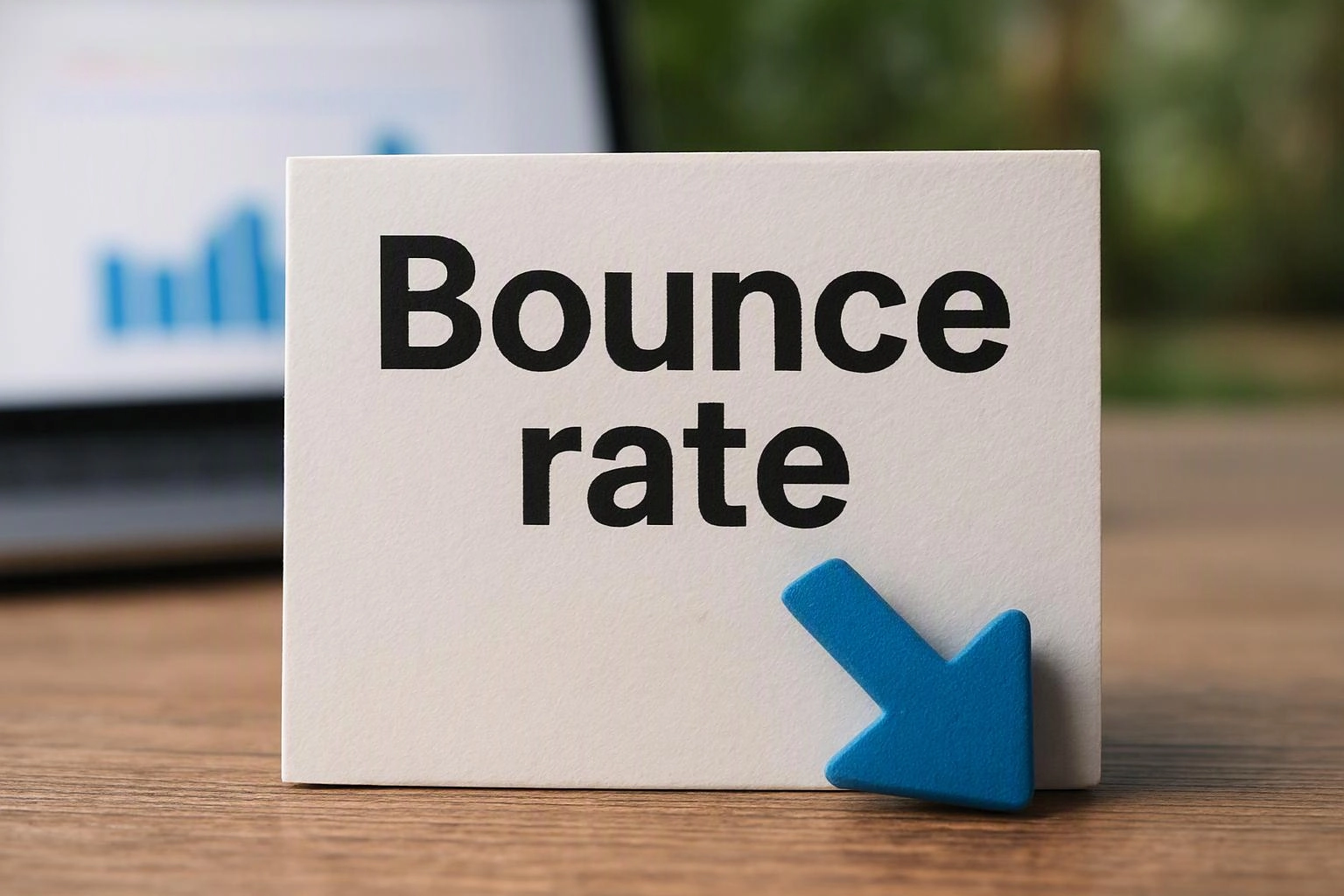 A white card on a wooden table reads “Bounce rate” beside a blue downward arrow