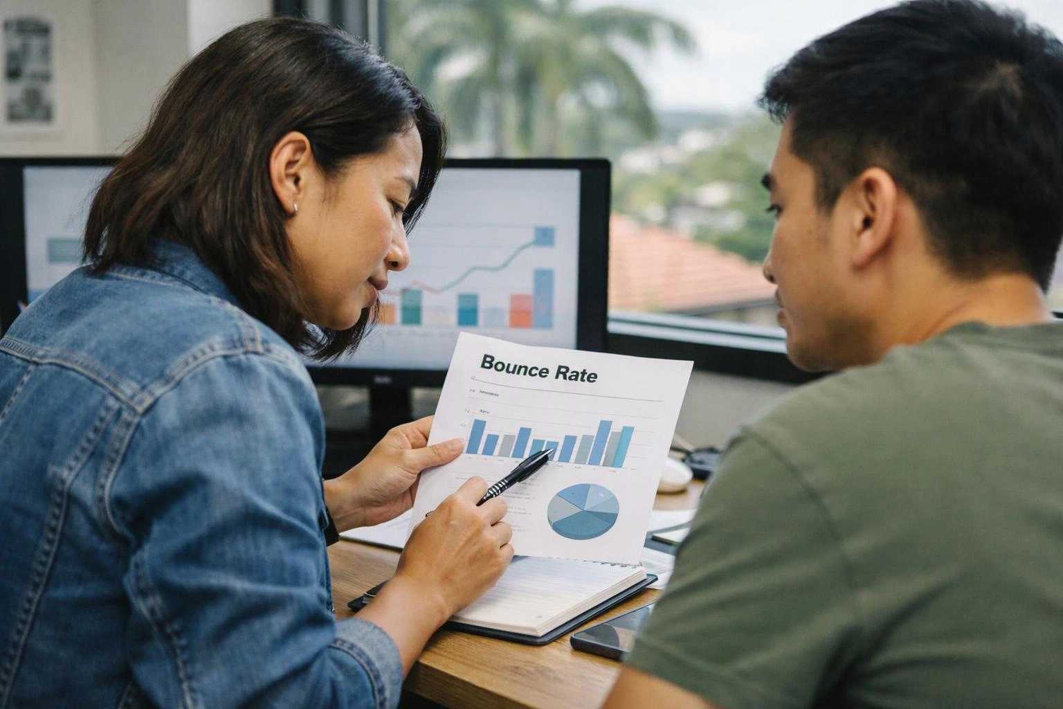 Two people review a bounce rate chart at a desk with computer monitors showing analytics charts behind them
