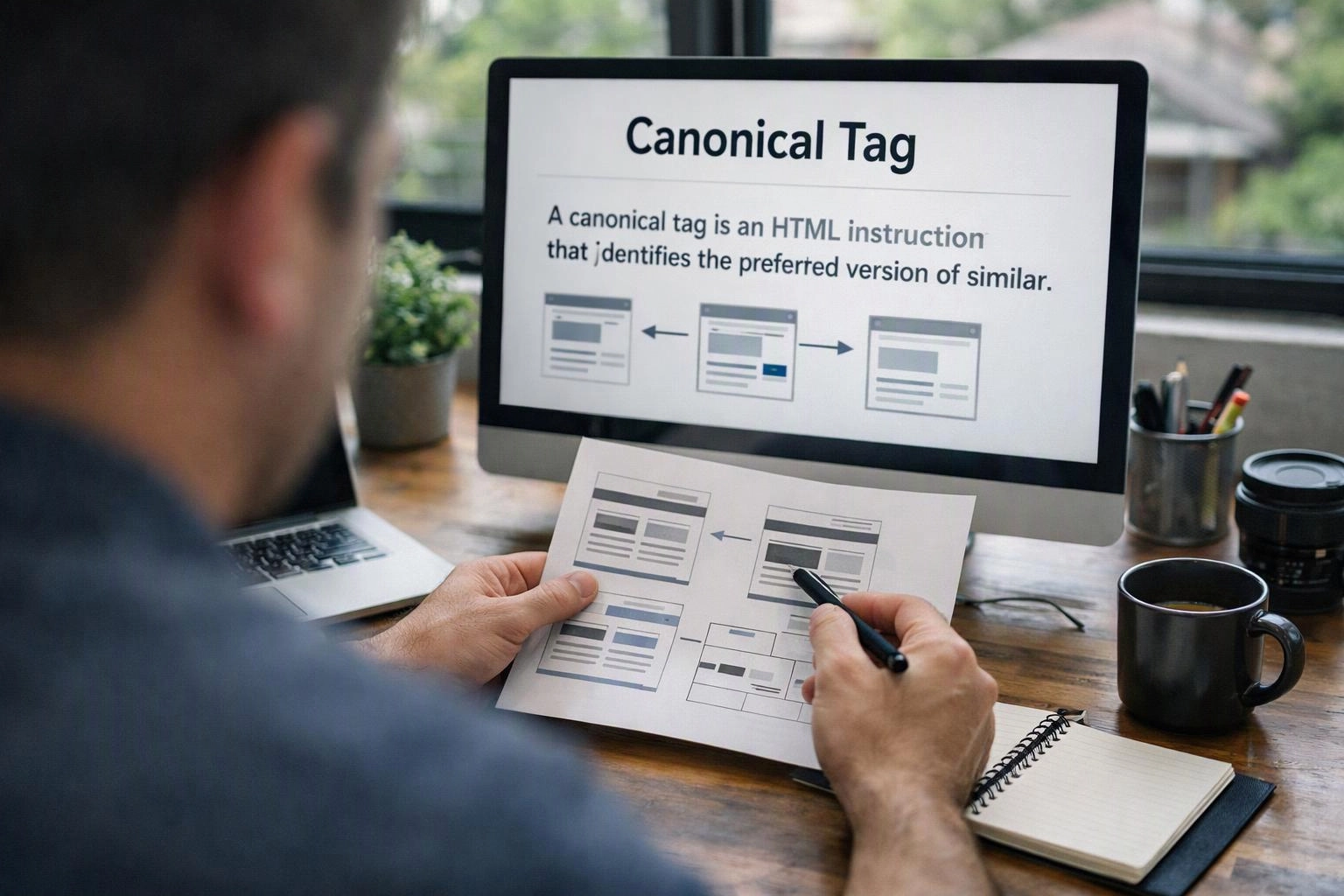 A person studies a webpage diagram and points at a printed mockup beside a computer showing “Canonical Tag”