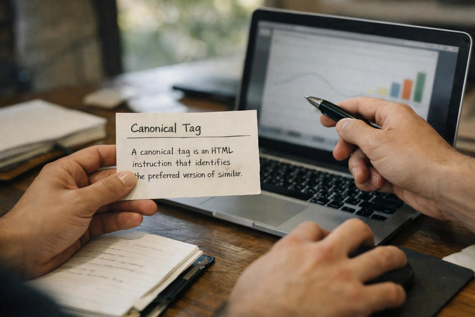 Hands hold a note reading Canonical Tag beside a laptop showing a chart on a desk