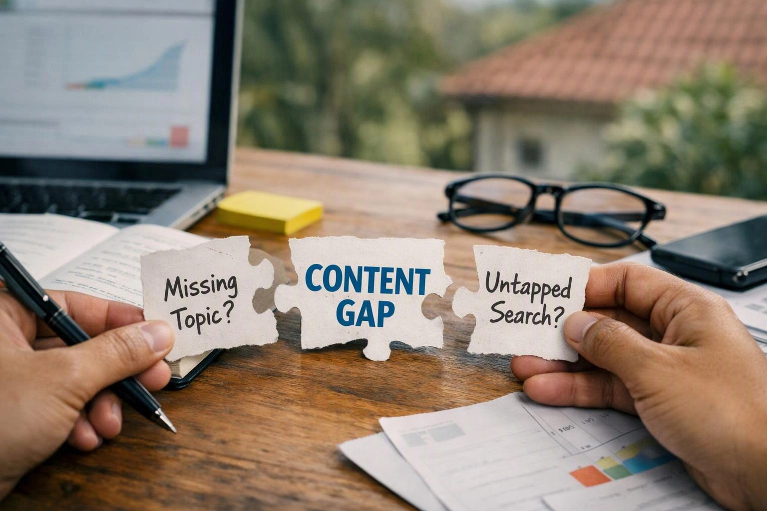 Hands hold puzzle pieces reading Missing Topic, Content Gap, and Untapped Search over a desk with laptop and papers