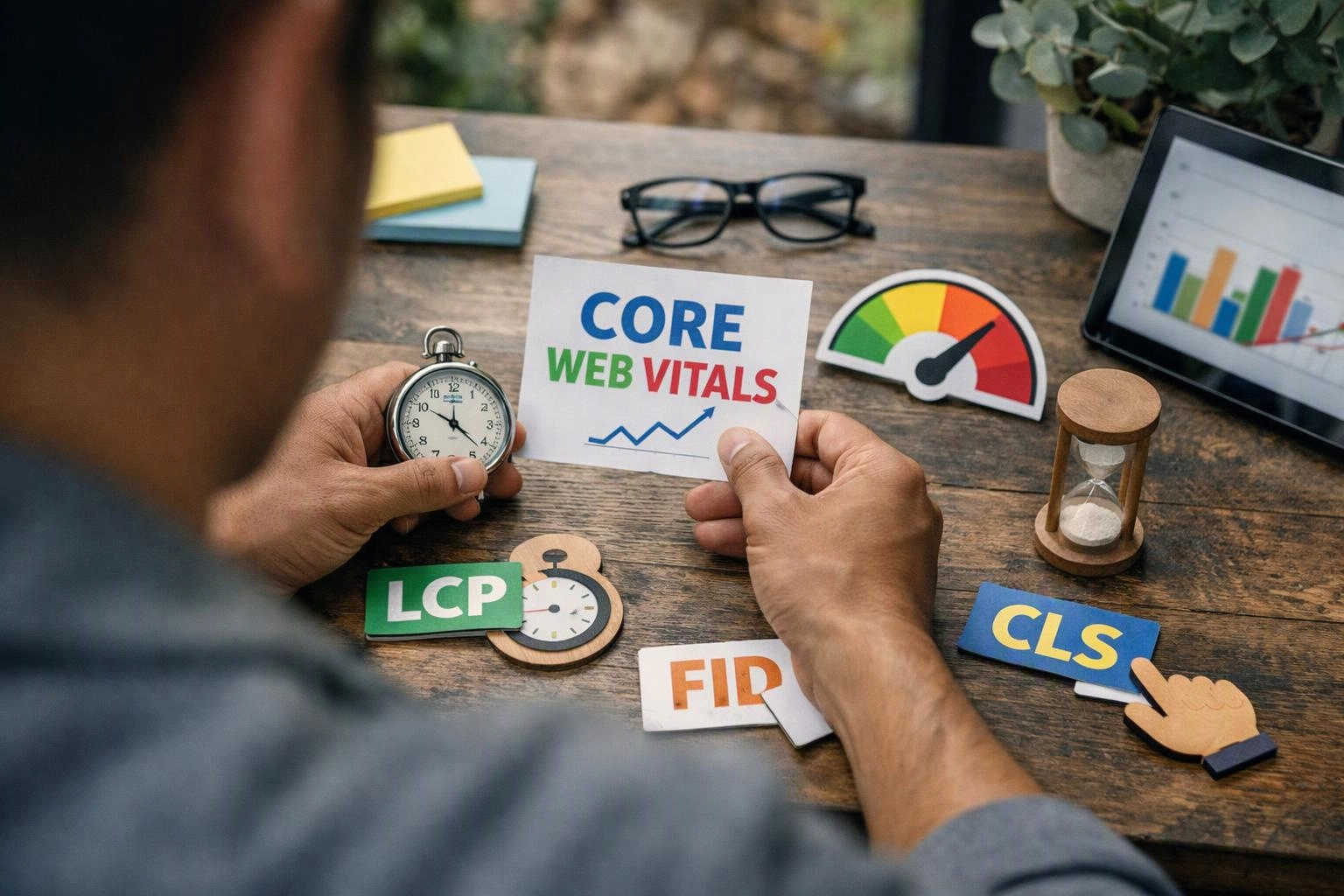 Person holds a card labeled CORE WEB VITALS beside a stopwatch, charts, and performance icons on a wooden desk