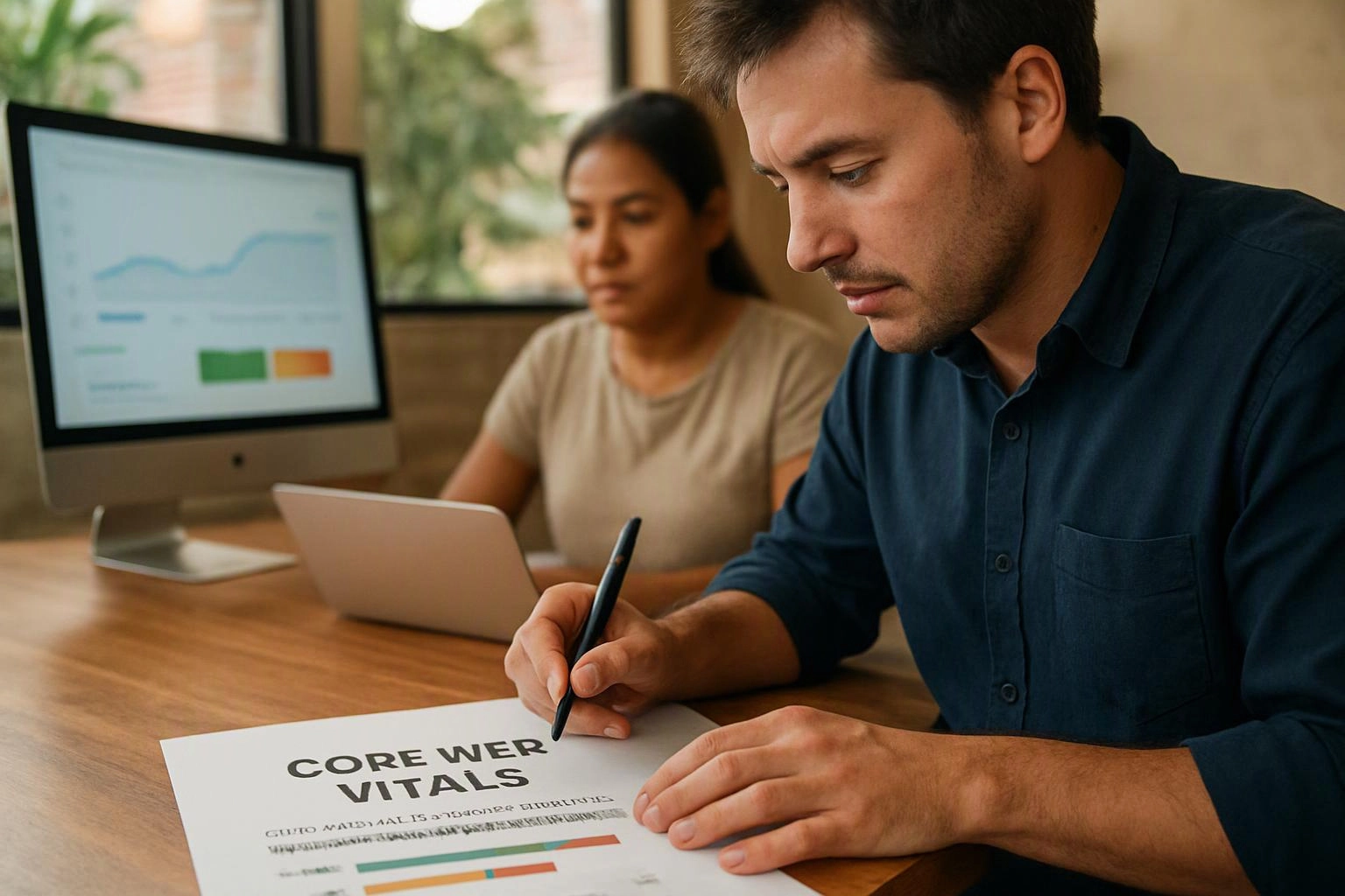 A man writes on a paper report while a woman works at a laptop beside a desktop monitor showing charts