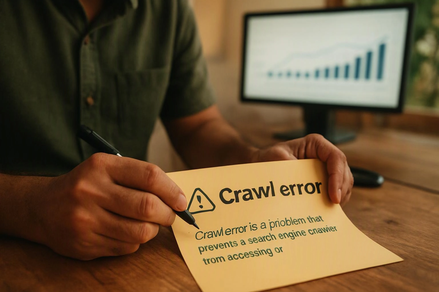 A person writes on a paper labeled “Crawl error” beside a computer showing a rising bar chart
