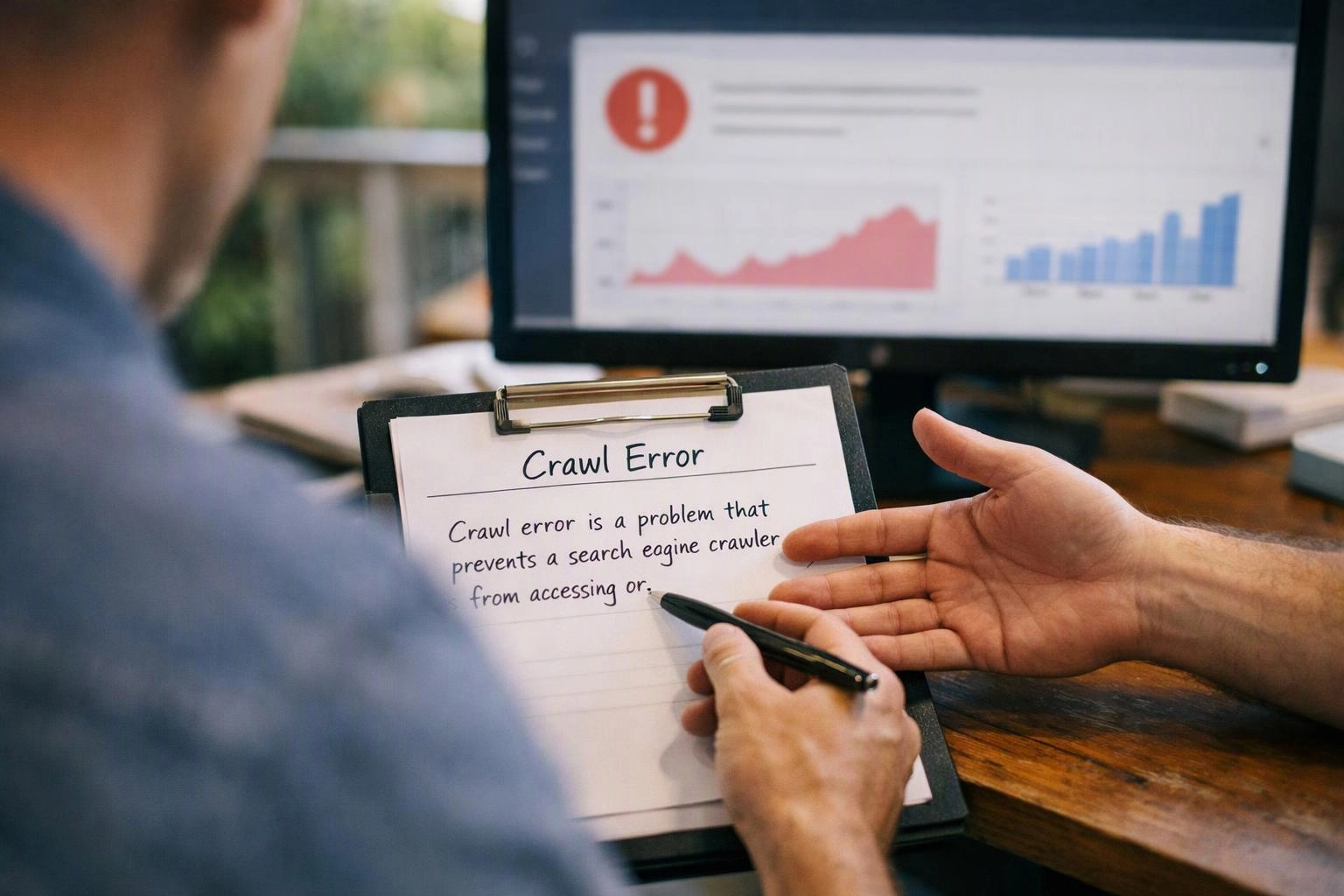 A person writes on a clipboard labeled “Crawl Error” while another hand points beside a computer dashboard
