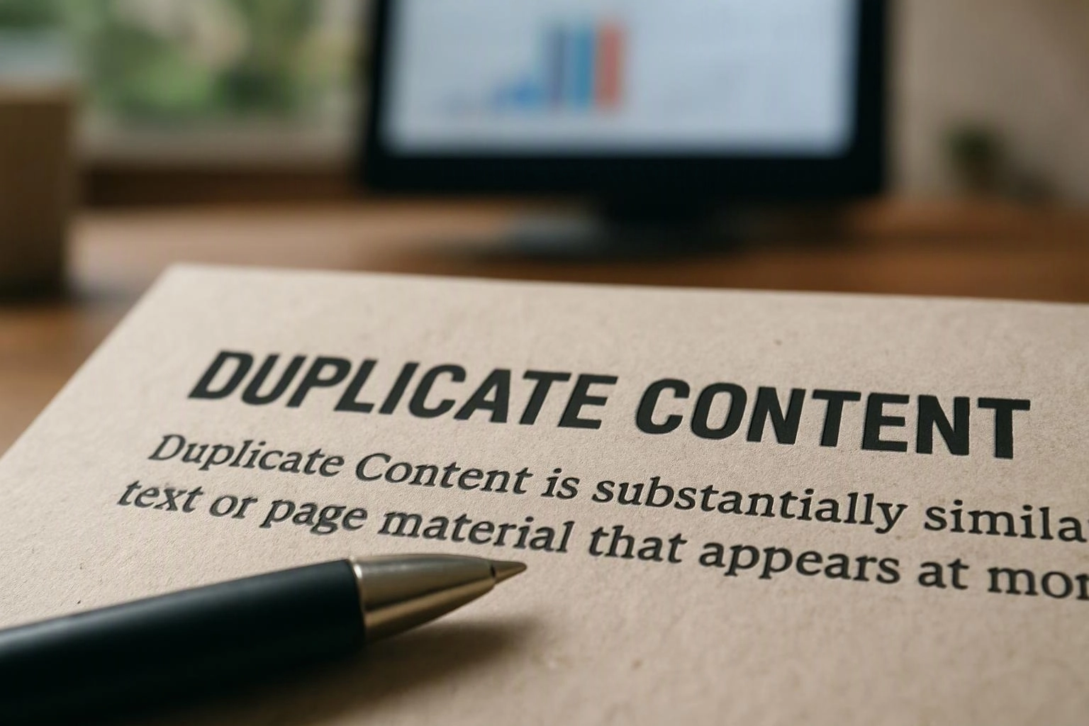 A pen rests on a paper page headed “DUPLICATE CONTENT” in front of a blurred computer screen with a chart