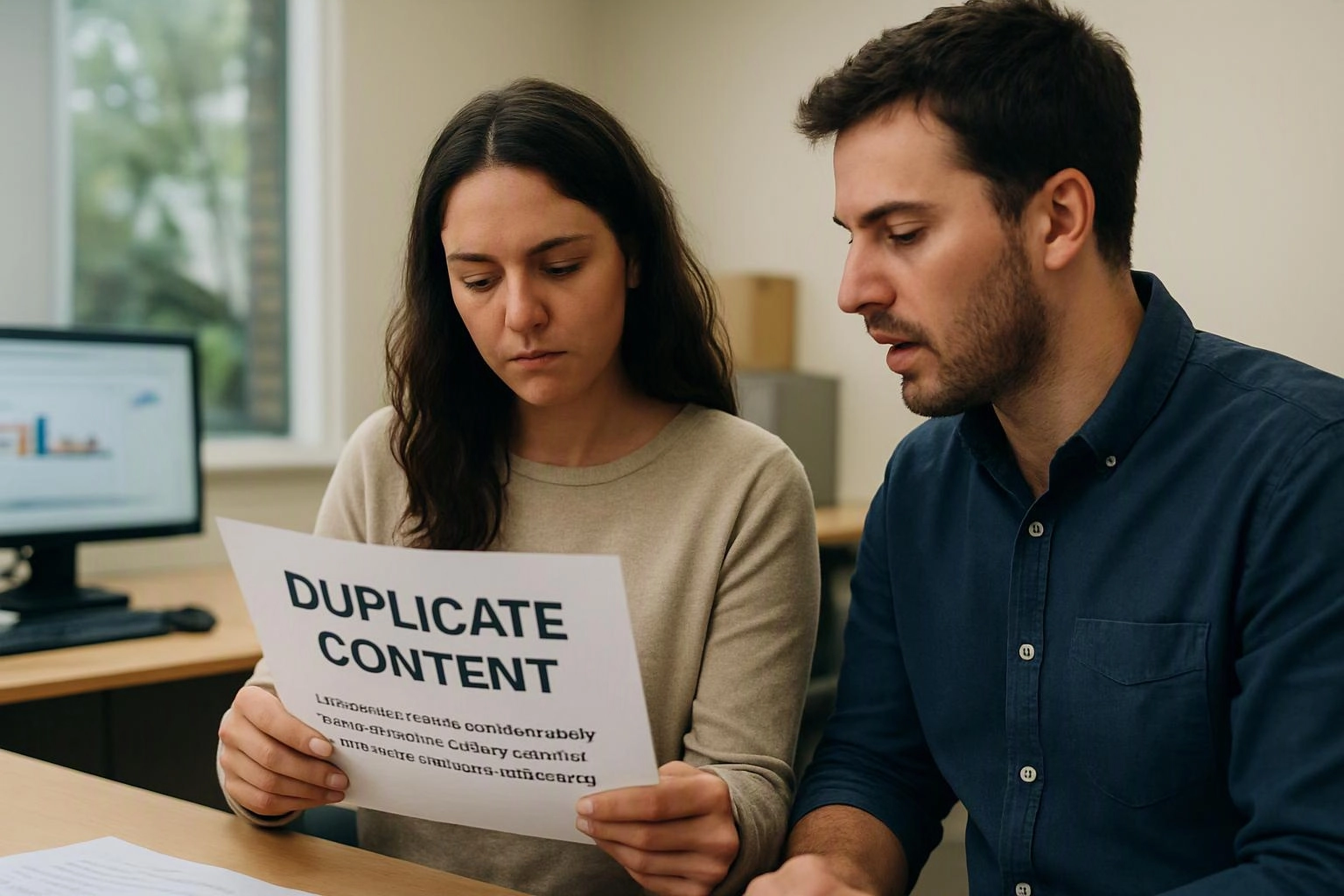 Two people study a paper labeled “DUPLICATE CONTENT” at a desk in an office room