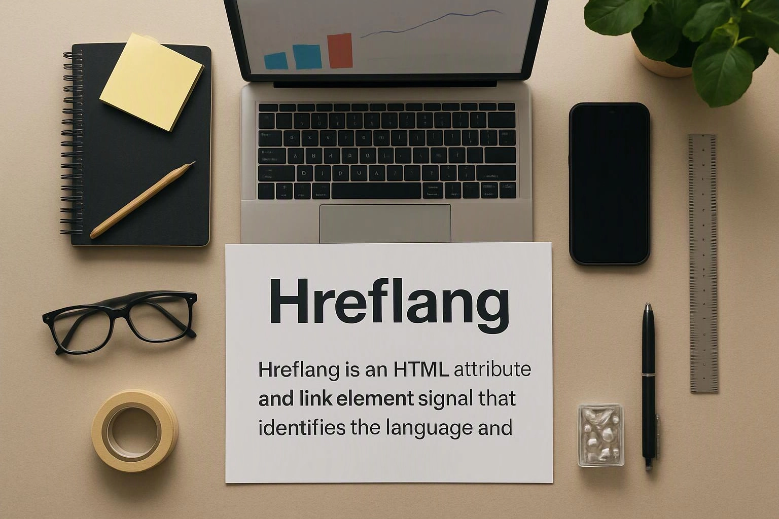 A desk flat lay shows a laptop, notebook, glasses, phone, ruler, tape, pen, plant, and a paper labeled “Hreflang”