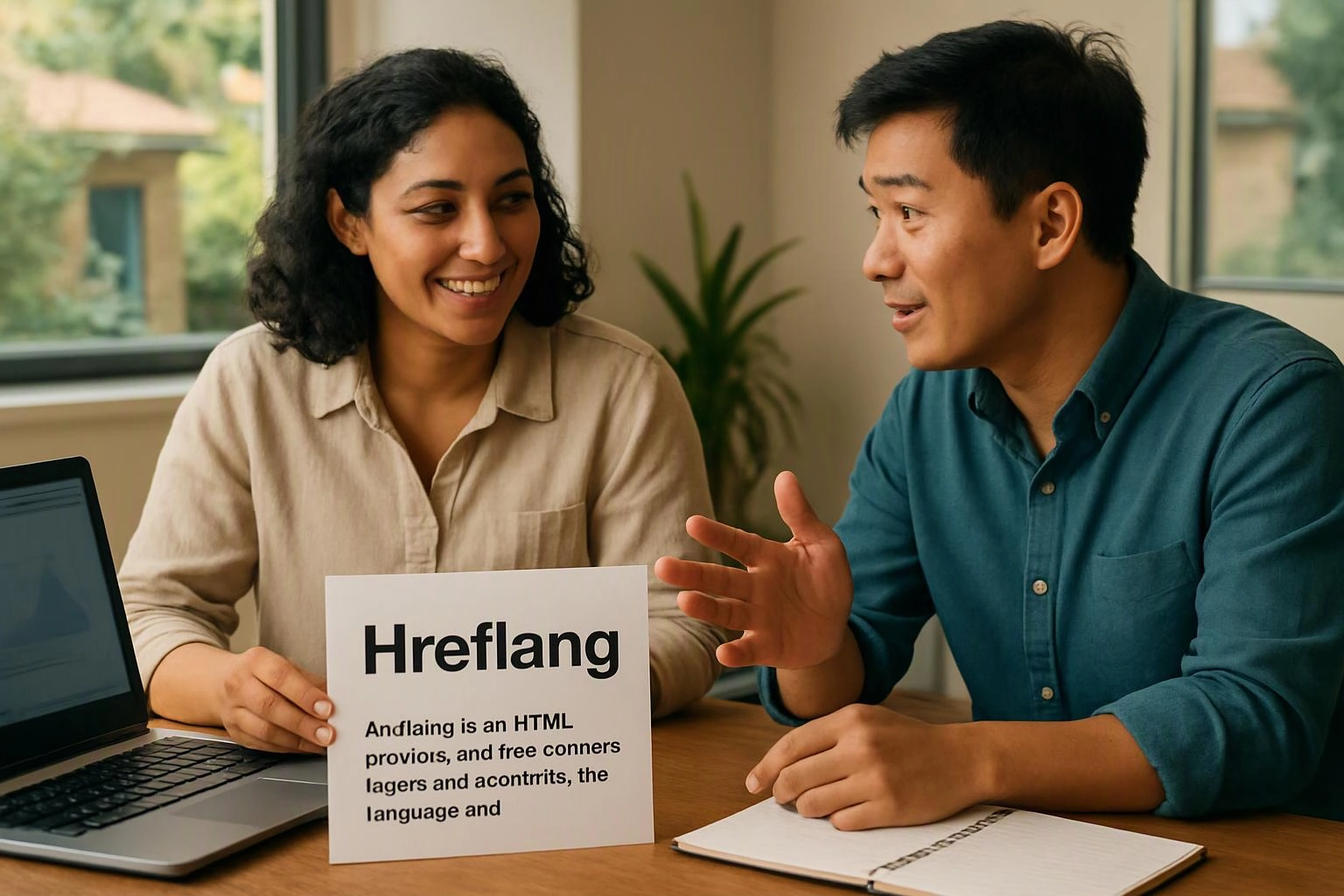 Two people talk at a table while holding a sign that reads “Hreflang” beside a laptop and notebook