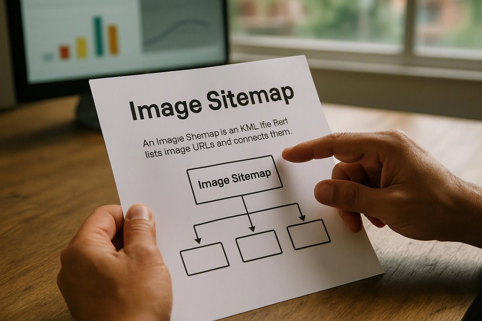Hands hold a paper labeled "Image Sitemap" with a simple flowchart beside a blurred computer screen and window