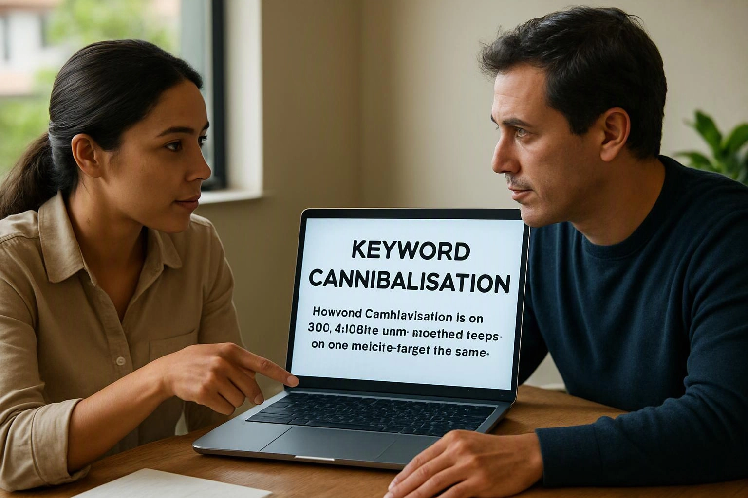 Two people study a laptop showing the words “KEYWORD CANNIBALISATION” at a wooden table indoors