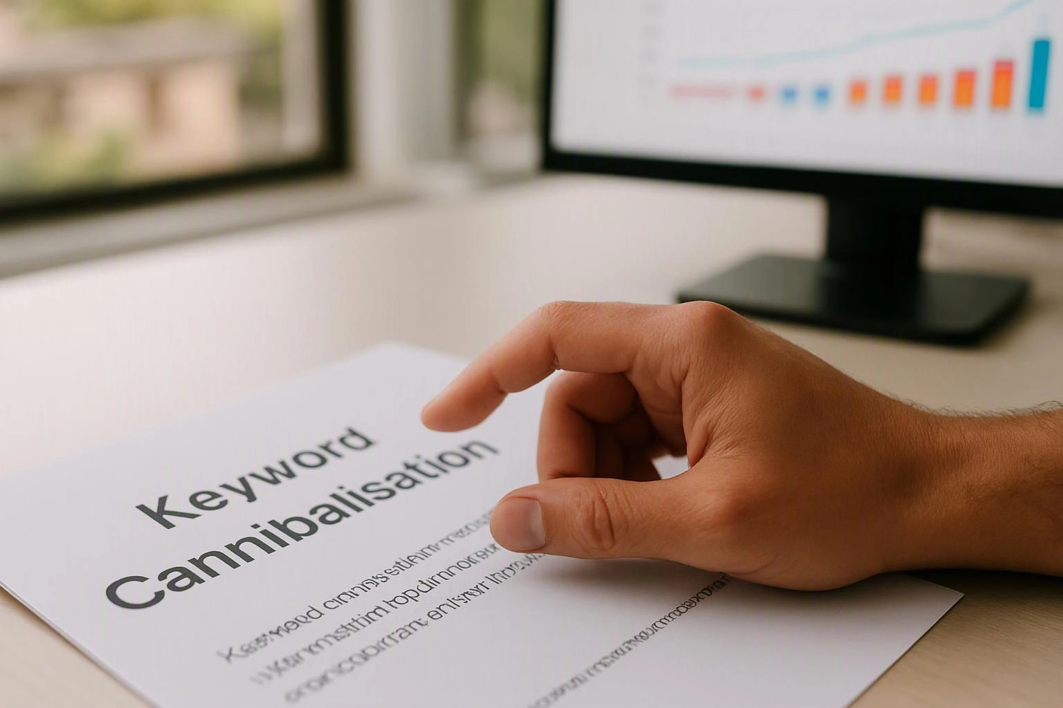 A hand points at a paper titled “Keyword Cannibalisation” beside a blurred computer monitor with a bar chart