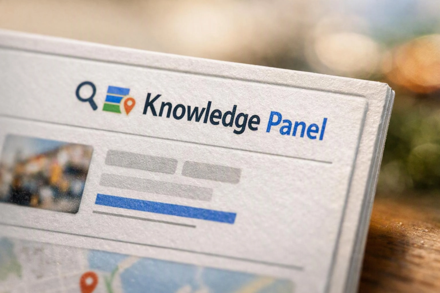 A printed page shows a search-style knowledge panel graphic with blurred thumbnail blocks and blue text on a table