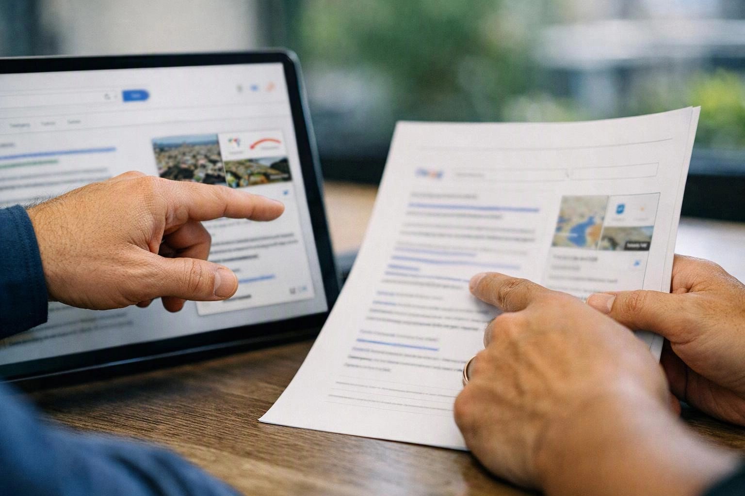 Two people point at a laptop and printed web pages on a wooden table