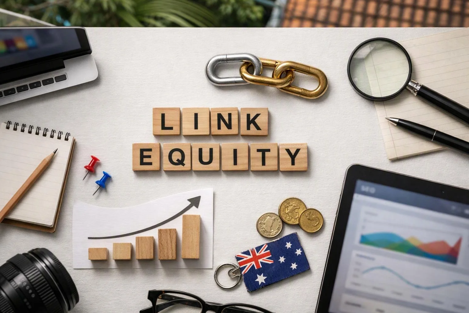 Wooden letter tiles spell LINK EQUITY on a desk with charts, coins, chains, and office tools around them