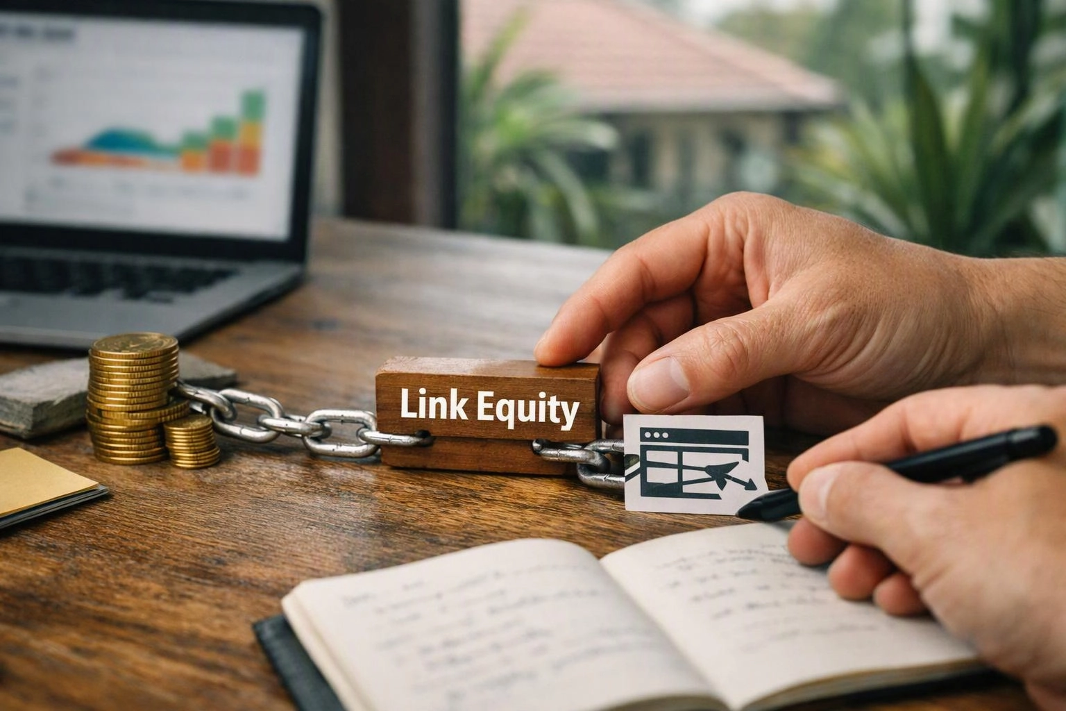 Hands place a wooden block labeled Link Equity beside coins, a chain, a laptop, and a notebook on a desk