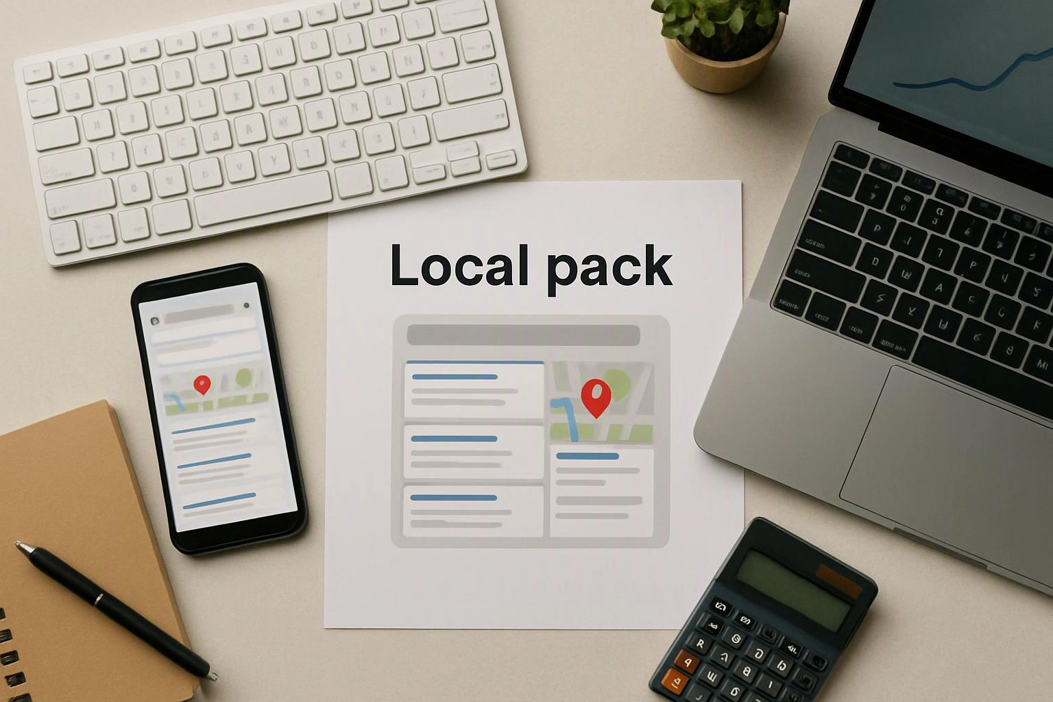 A desk layout shows a laptop, phone, keyboard, calculator, notebook, and a paper labeled “Local pack” with map icons