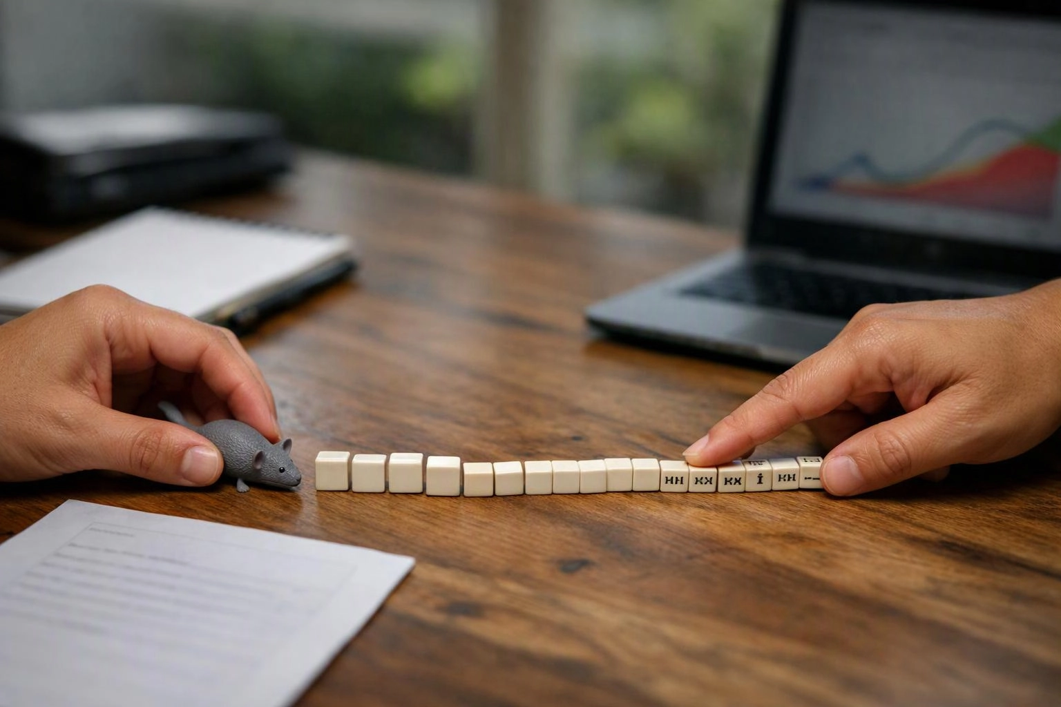 Hands arrange small cube blocks and a mouse figurine on a wooden desk beside a laptop and notebook