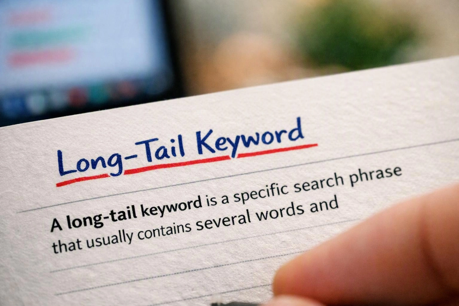 A hand holds a page titled “Long-Tail Keyword” with a blurred screen in the background