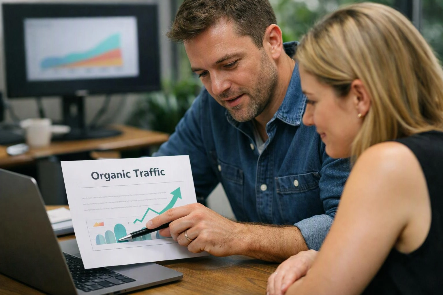 Two coworkers review a paper chart labeled “Organic Traffic” beside a laptop in an office