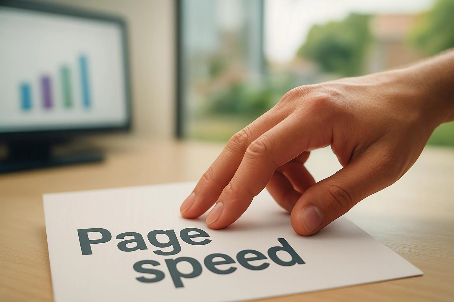 A hand touches a paper labeled Page speed on a desk, with a blurred chart on a monitor behind it