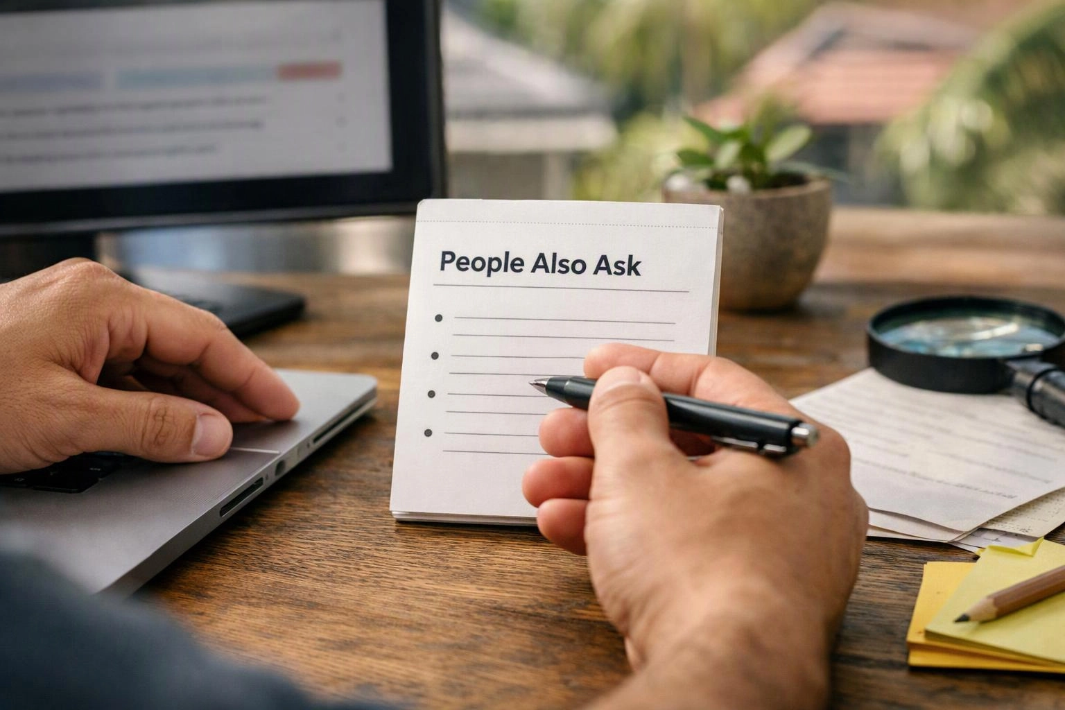 Hands hold a pen over a notepad labeled "People Also Ask" beside a laptop on a wooden desk