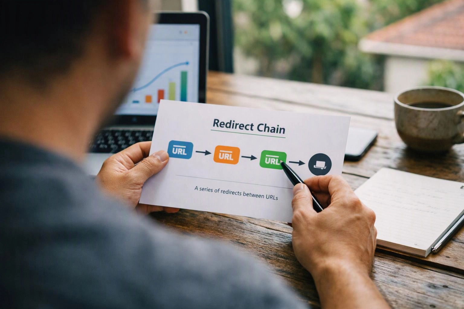 A person points at a printed “Redirect Chain” diagram beside a laptop, notebook, and coffee cup on a wooden desk