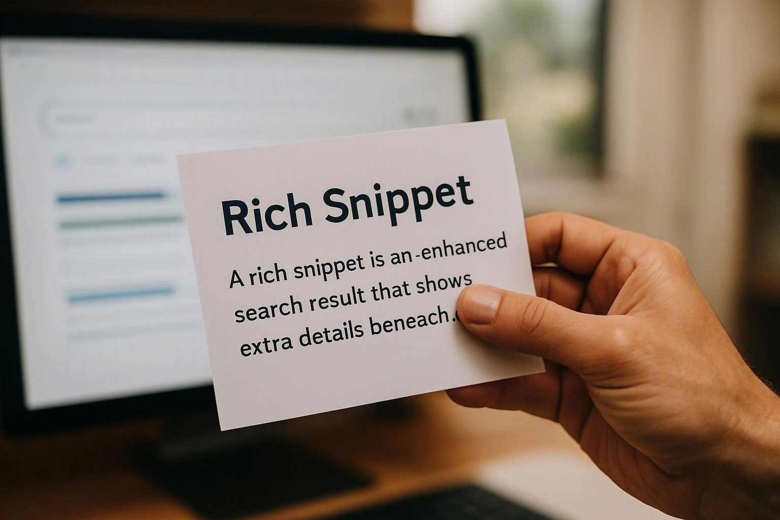 A hand holds a card reading “Rich Snippet” in front of a blurred computer screen