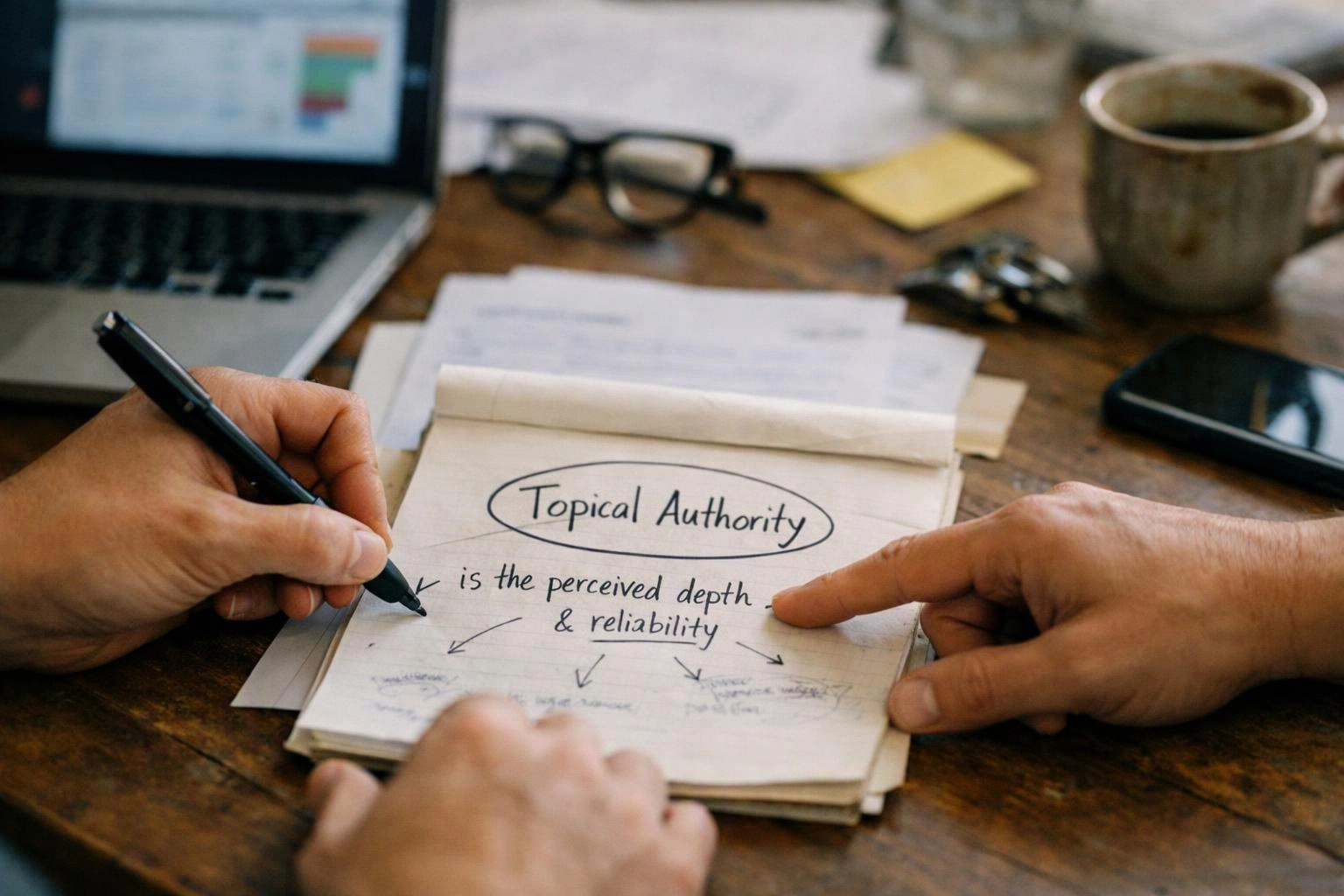 Hands point at a notebook on a wooden desk beside a laptop, glasses, coffee mug, phone, and papers
