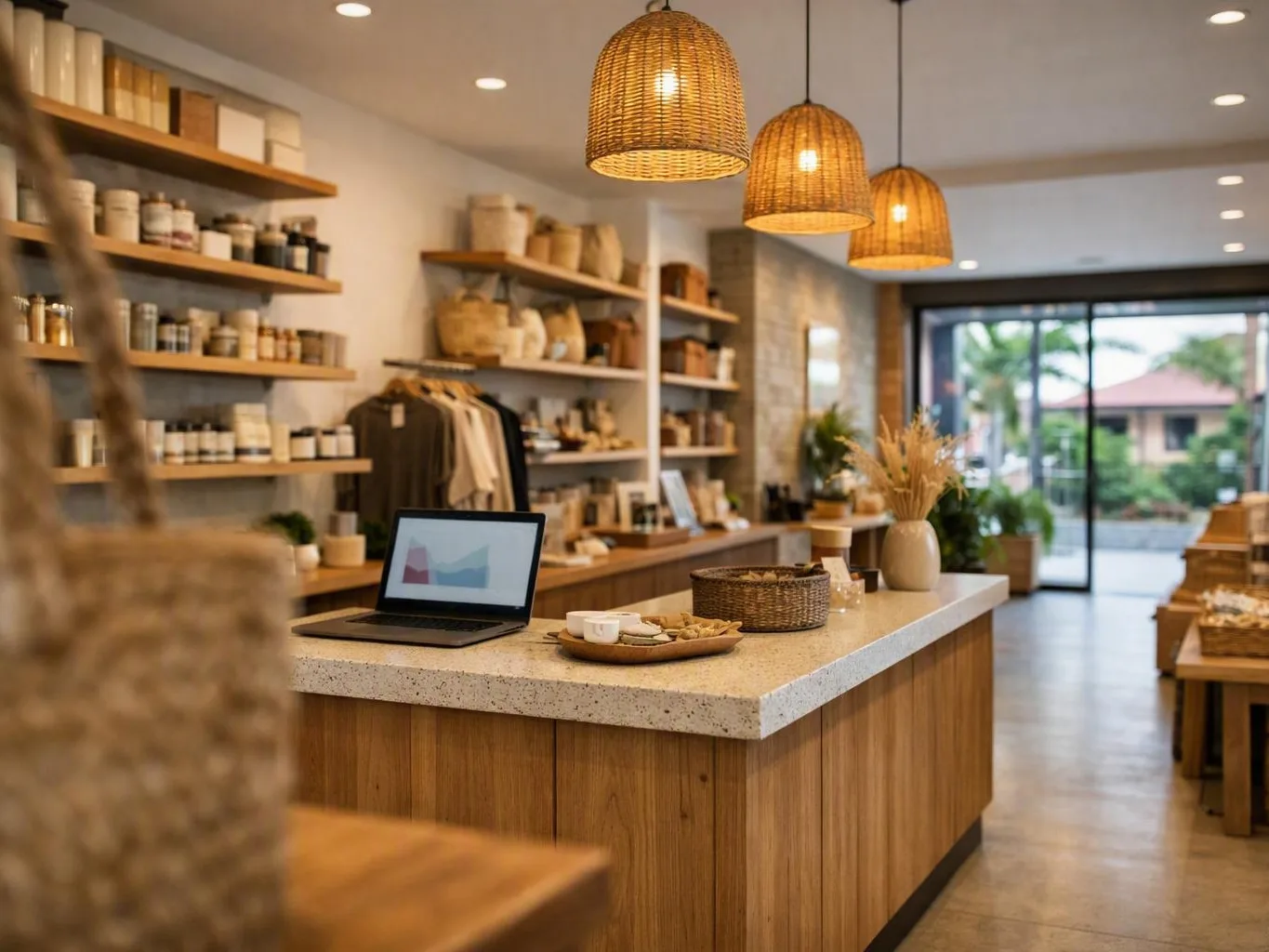 Warmly lit boutique shop displaying clothing and goods around a central counter